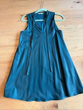 Amanda Uprichard Sleeveless Teal A-Line faux leather Dress with Tie Neck XS